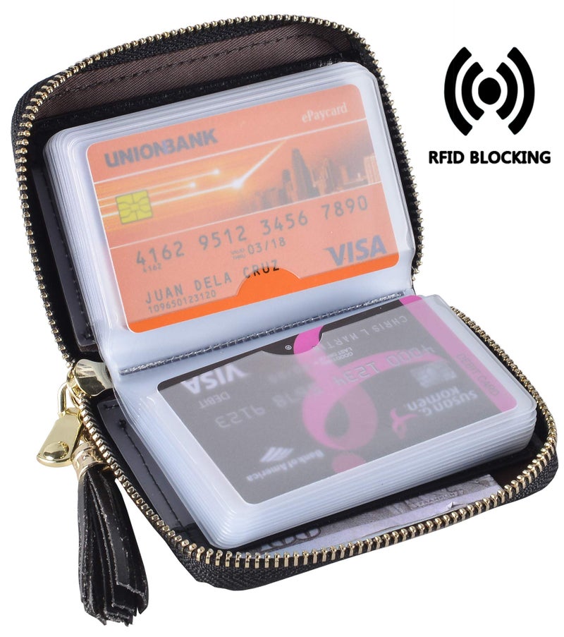 Yuhan Pretty محفظة بطاقات الائتمان النسائية يوهان بريتي RFID جلدية صغيرة لحافظة الهوية (20 فتحة بطاقات - أسود جديد) - Image 3